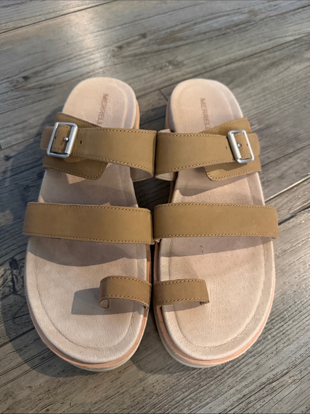 Merrell Women's Tan Double-Strap Slide Sandals with Toe Loop